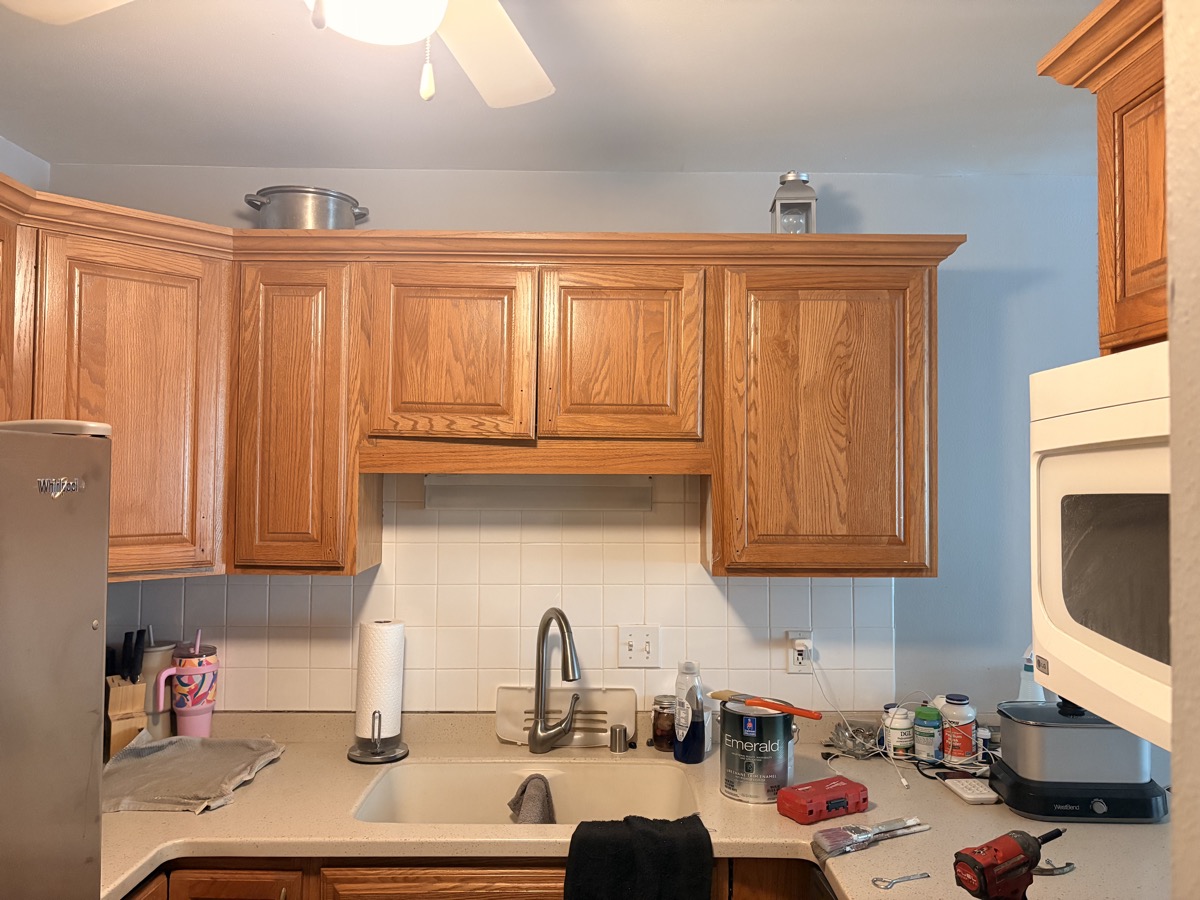 Kitchen before: oak cabinets
